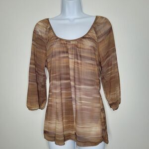 2000s Y2k Express Brown Tones Nylon Semi Sheer 3/4 Sleeve Grunge Top Large
